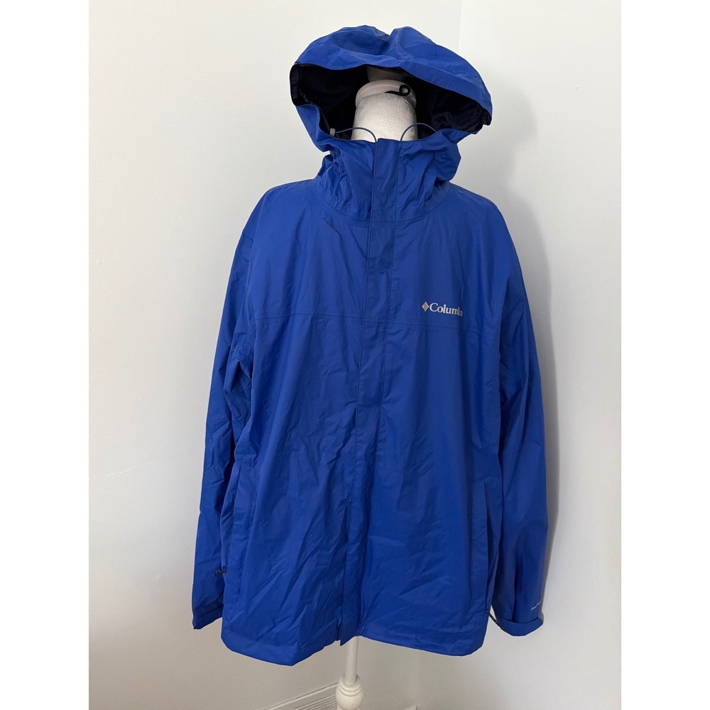 Columbia Mens XL Blue Hooded Rain Jacket Full Zip Mesh Lined Lightweight Outdoor